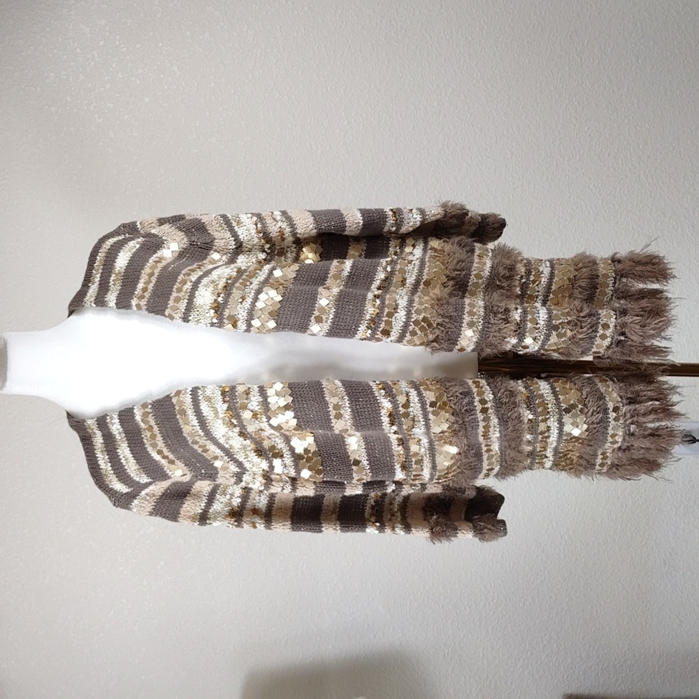 Chicos Greta Mirror Front Striped Wool Blend Metallic Cardigan Sweater Size 4